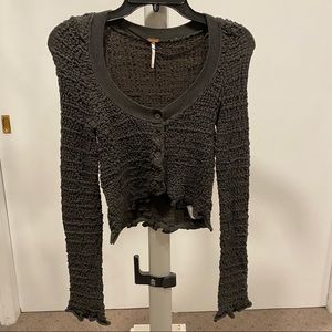 Free people olive green textured cardigan size xs round neck , ruffle sleeve